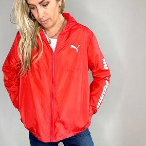 Puma Red Full Zip Hooded Windbreaker with Spell Out Puma on Sleeve Size Large